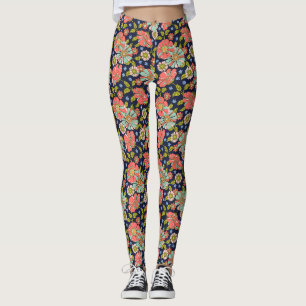 Navy Retro 70s Pink Aqua Floral Leggings