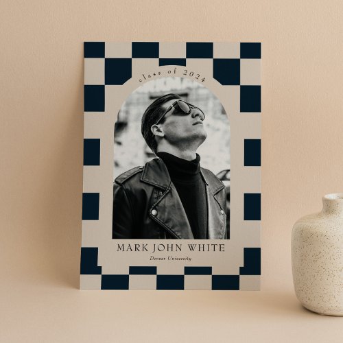 Navy Retro Checkered Arch Boy Photo Graduation Invitation