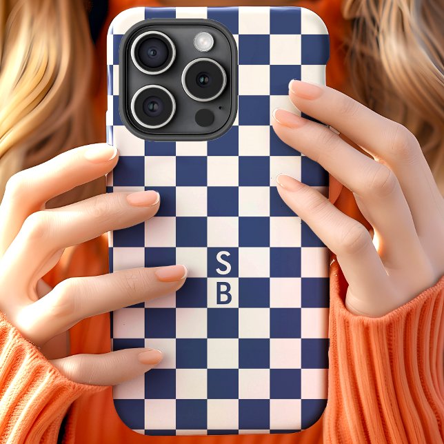 Navy Retro Checkered Pattern Monogram Iphone Case (Creator Uploaded)