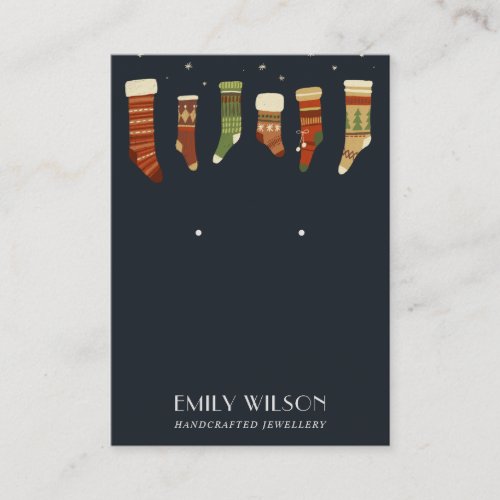 NAVY RETRO CHRISTMAS STOCKING STUD EARRING DISPLAY BUSINESS CARD