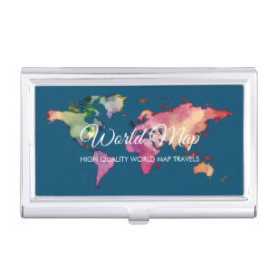 Navy Retro Colorful Watercolor Business World Map Card Case