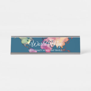 Navy Retro Colorful Watercolor World Map Desk Name Plate