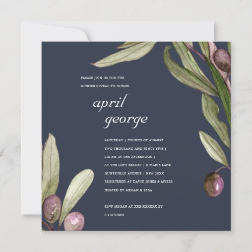 NAVY RETRO OLIVE FOLIAGE GENDER REVEAL INVITE