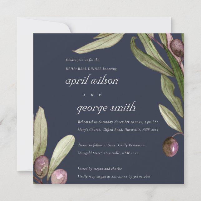 NAVY RETRO OLIVE FOLIAGE REHEARSAL DINNER INVITE (Front)