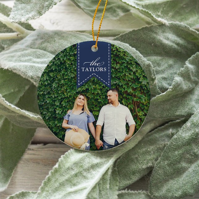Navy Ribbon | Holiday Photo Ceramic Ornament (Creator Uploaded)