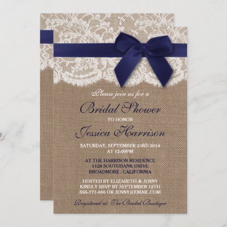 Navy Ribbon On Burlap & Lace Bridal Shower Invitation