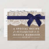 Navy Ribbon On Burlap & Lace Bridal Shower Recipe Invitation Postcard (Front/Back)