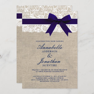 Navy Ribbon On Burlap & Lace Rustic Wedding Invitation