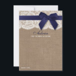 Navy Ribbon On Burlap & Lace Wedding Advice Card<br><div class="desc">Celebrate in style with these rustic advice cards. The simple yet stylish design will allow your guests to write a note of advice for you to keep and read over in years to come. The wording is easy to personalize so these cards can quickly be transformed into advice cards for...</div>