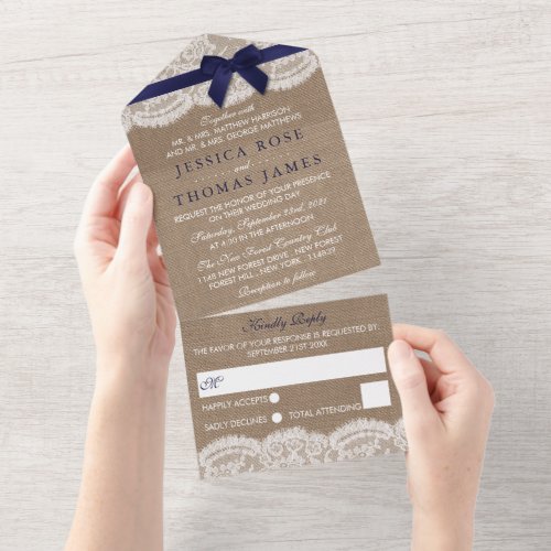 Navy Ribbon On Burlap  Lace Wedding All In One Invitation