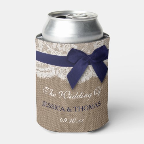 Navy Ribbon On Burlap  Lace Wedding Can Cooler