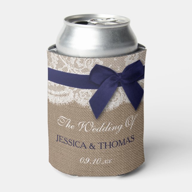 Navy Ribbon On Burlap & Lace Wedding Can Cooler (Can Front)