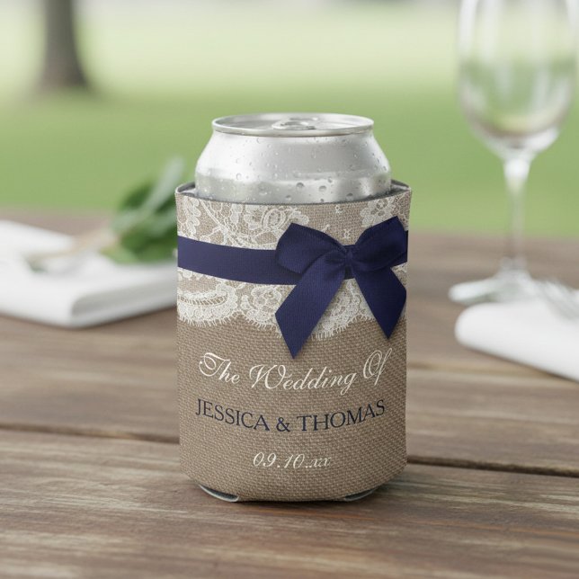 Navy Ribbon On Burlap & Lace Wedding Can Cooler (Creator Uploaded)