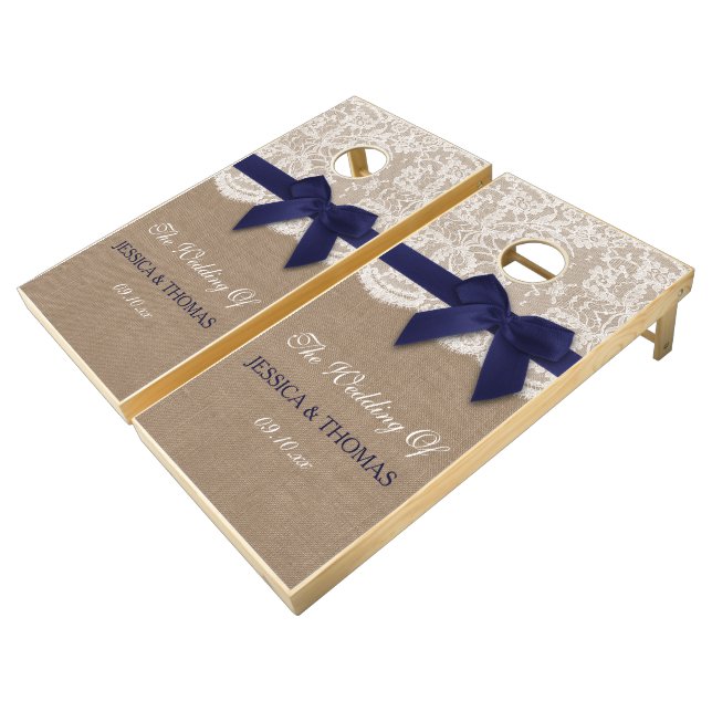 Navy Ribbon On Burlap & Lace Wedding Cornhole Set (Angled)
