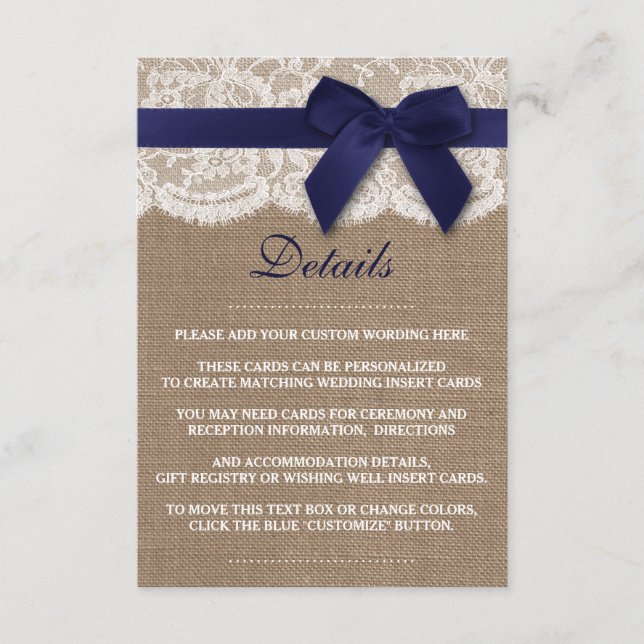 Navy Ribbon On Burlap & Lace Wedding Enclosure Card (Front)
