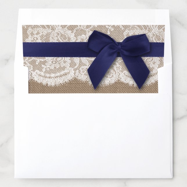 Navy Ribbon On Burlap & Lace Wedding Envelope Liner (In Envelope)