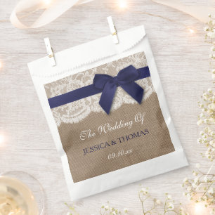 Navy Ribbon On Burlap & Lace Wedding Favor Bag