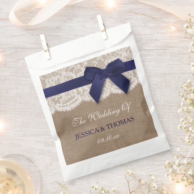 Navy Ribbon On Burlap & Lace Wedding Favor Bag (Clipped)