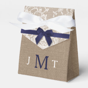 Navy Ribbon On Burlap & Lace Wedding Favor Boxes