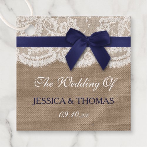 Navy Ribbon On Burlap  Lace Wedding Favor Tags