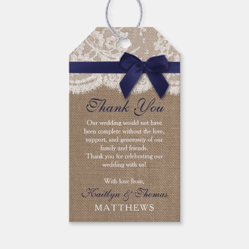 Navy Ribbon On Burlap  Lace Wedding Gift Tags
