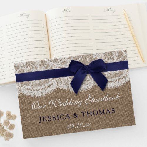 Navy Ribbon On Burlap  Lace Wedding Guest Book