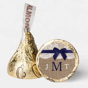 Navy Ribbon On Burlap & Lace Wedding Hershey®'s Kisses®