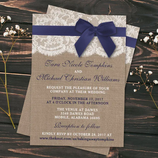 Navy Ribbon On Burlap & Lace Wedding Invitation | Zazzle