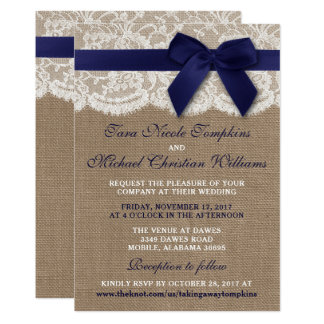 Navy Ribbon On Burlap & Lace Wedding Invitation