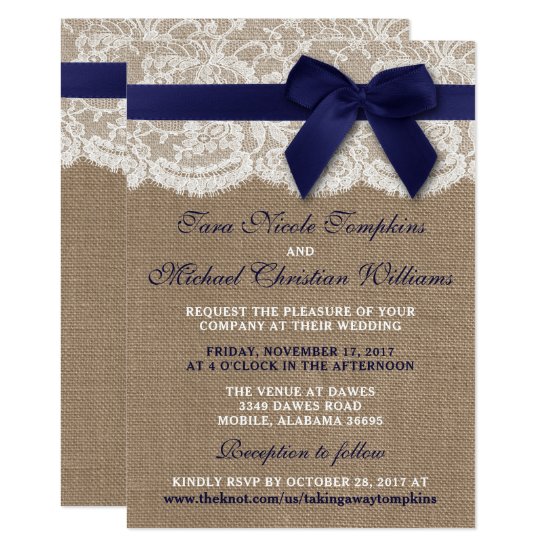 Navy Ribbon On Burlap & Lace Wedding Invitation