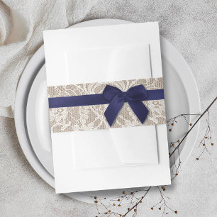 Navy Ribbon On Burlap & Lace Wedding Invitation Belly Band