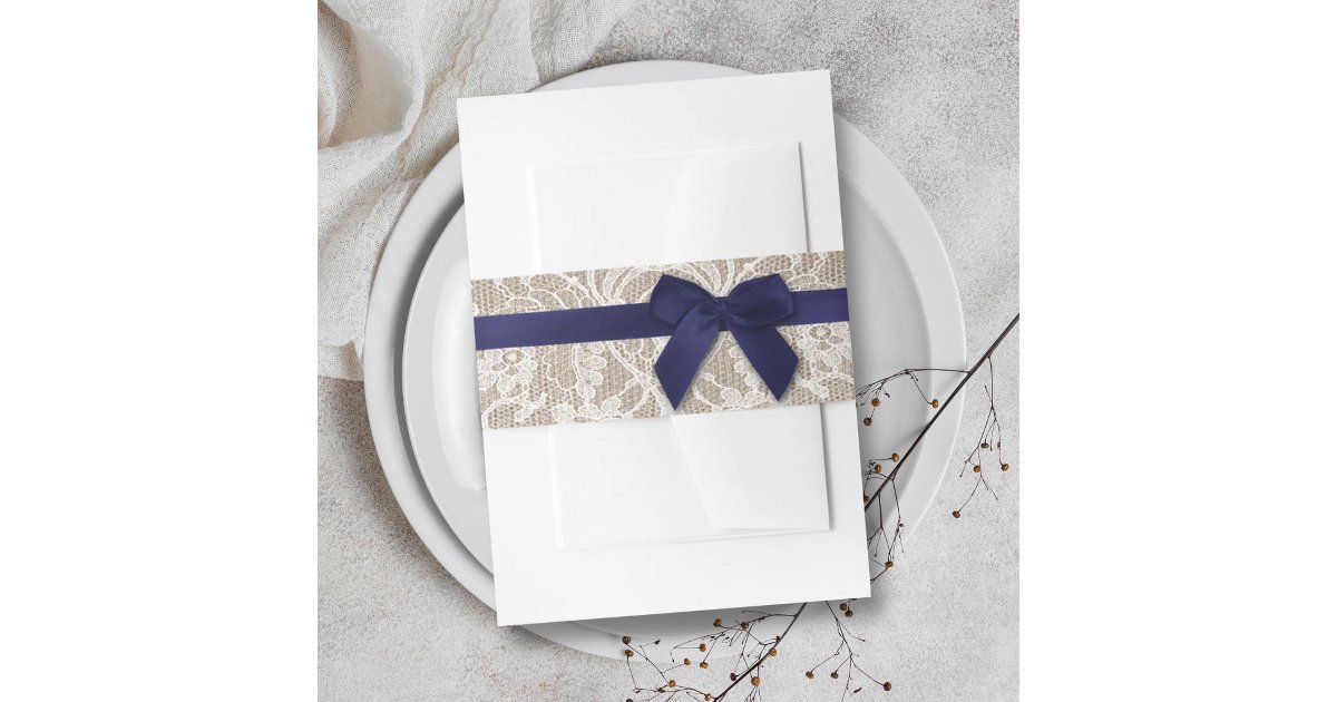 Navy Ribbon On Burlap & Lace Wedding Invitation Belly Band | Zazzle