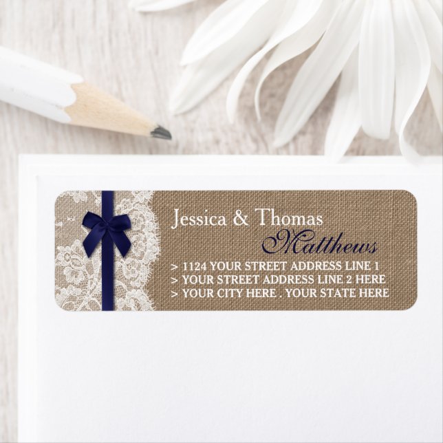 Navy Ribbon On Burlap & Lace Wedding Label (Insitu)