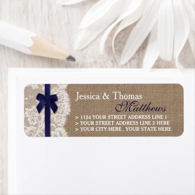 Navy Ribbon On Burlap & Lace Wedding Label | Zazzle