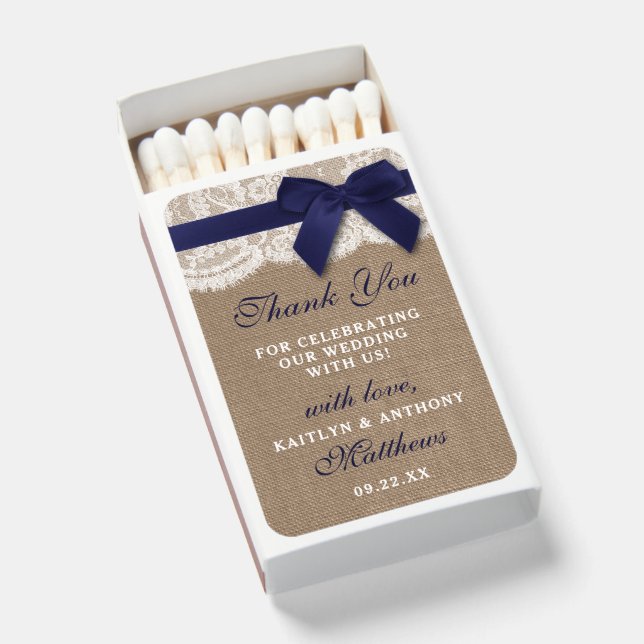 Navy Ribbon On Burlap & Lace Wedding Matchboxes (Front Open)