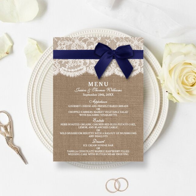 Navy Ribbon On Burlap & Lace Wedding Menu (Creator Uploaded)