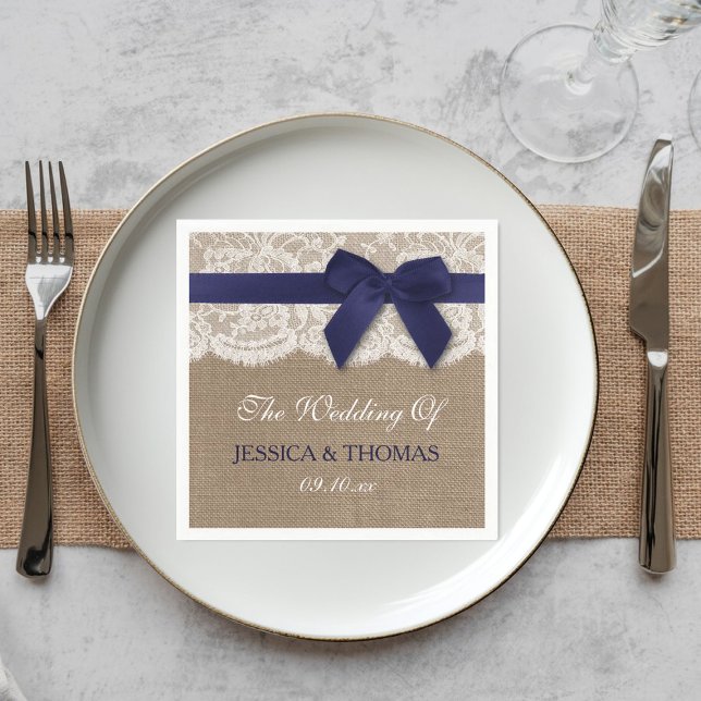 Navy Ribbon On Burlap & Lace Wedding Napkins (Creator Uploaded)