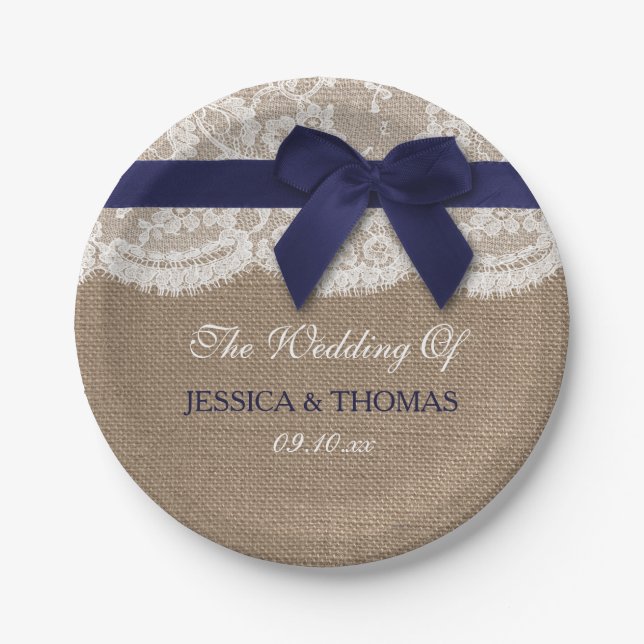 Navy Ribbon On Burlap & Lace Wedding Paper Plates (Front)