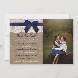 Navy Ribbon On Burlap & Lace Wedding Photo Save The Date