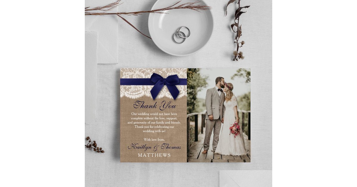 Navy Ribbon On Burlap & Lace Wedding Photo Thank You Card | Zazzle
