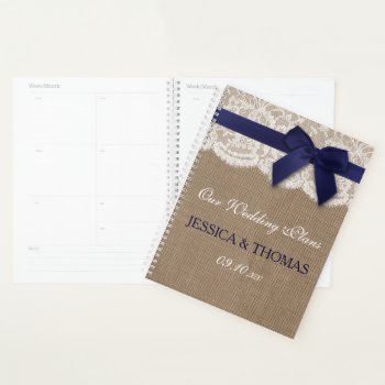 Navy Ribbon On Burlap & Lace Wedding Planner by Invitation_Republic at Zazzle