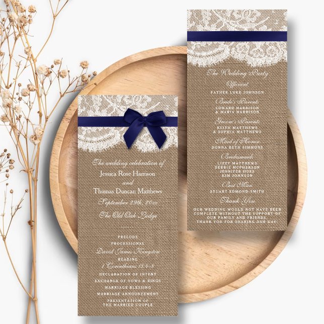 Navy Ribbon On Burlap & Lace Wedding Program (Creator Uploaded)