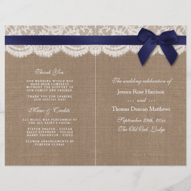 Navy Ribbon On Burlap & Lace Wedding Program (Front)