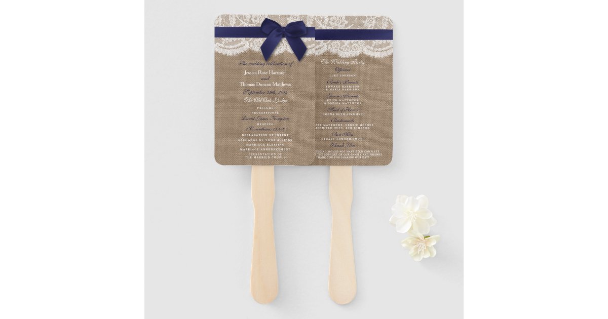 Navy Ribbon On Burlap & Lace Wedding Program Hand Fan | Zazzle