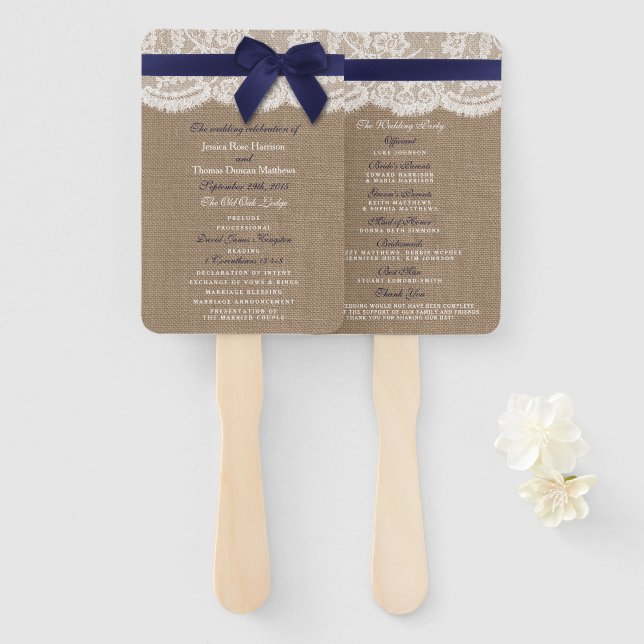 Navy Ribbon On Burlap & Lace Wedding Program Hand Fan (Front and Back)