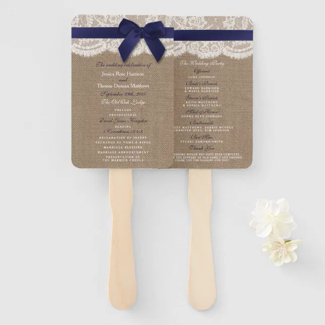 Navy Ribbon On Burlap & Lace Wedding Program Hand Fan | Zazzle