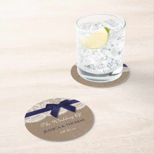 Navy Ribbon On Burlap & Lace Wedding Round Paper Coaster (Insitu)