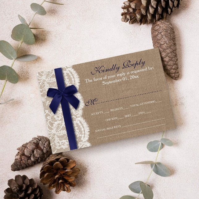 Navy Ribbon On Burlap & Lace Wedding RSVP Card (Creator Uploaded)