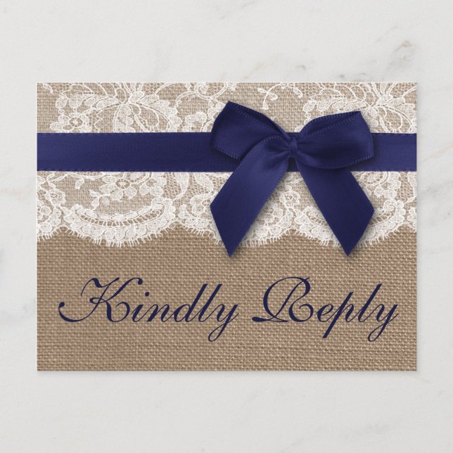 Navy Ribbon On Burlap & Lace Wedding RSVP Invitation Postcard (Front)