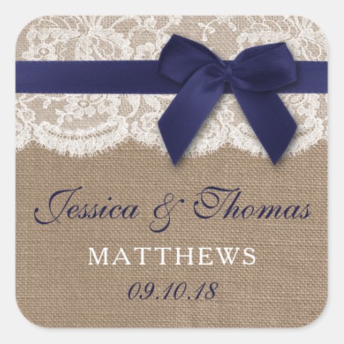 Navy Ribbon On Burlap  Lace Wedding Square Sticker